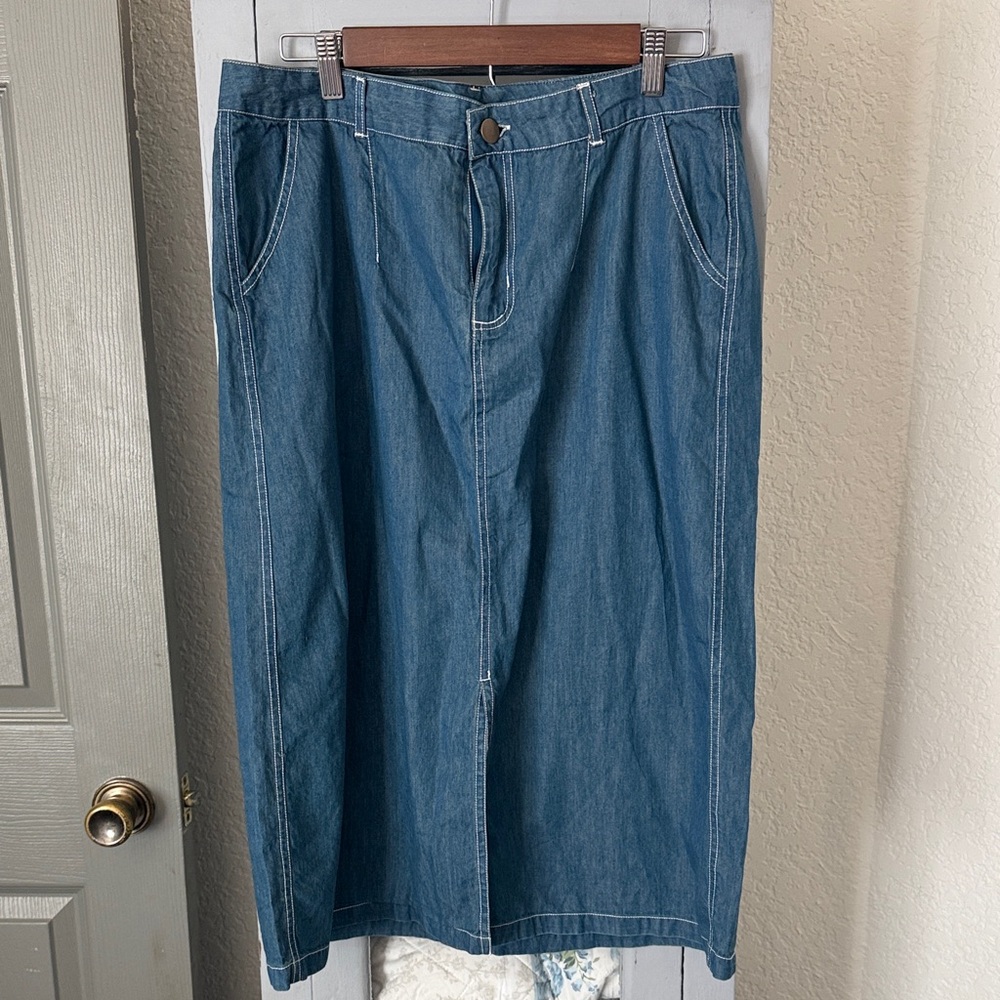 Roper Blue Denim Midi Skirt with Front Pockets